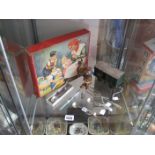 COLLECTION OF ITEMS TO INCLUDE TIN PLATE RAILWAY CARRIAGE^ JIGSAW PUZZLE^ PLATED WARE ETC (1 SHELF)