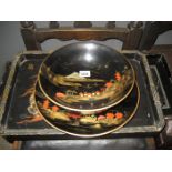 CHINESE LACQUER BOWL SET & 2 TRAYS