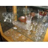 A CARNIVAL GLASS DISH^ VARIOUS CORDIAL GLASSES ETC (CONTENTS OF SHELF)