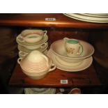 SUSIE COOPER SOUP BOWLS^ A LIDDED CONTAINER^ JUG ETC (CONTENTS OF SHELF)