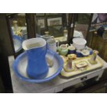 AN EMPIRE WARE JUG & BOWL SET^ PART DRESSING TABLE SET ETC (CONTENTS OF WASHSTAND)