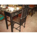 VICTORIAN CARVED OAK HALL TABLE WITH LION MASK HANDLES & A CHAIR SIMILAR
