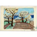 Otto Dix. Blühende Bäume am Bodensee. Aquarell über Bleistift. 1955. 15,5 : 22,0 cm. Signiert und