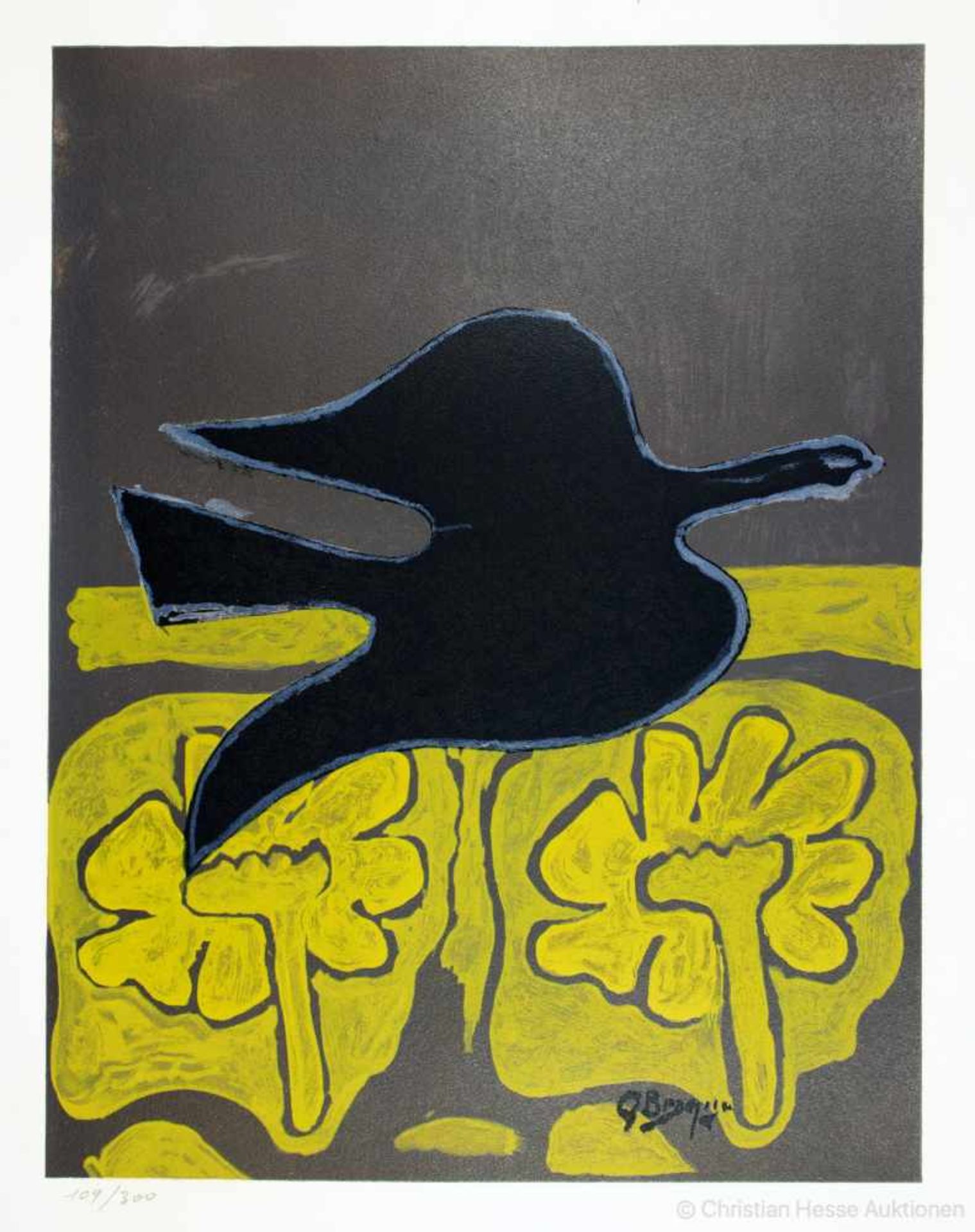 Georges Braque. Oiseaux noir, fleurs jaune. Farblithographie. 1963. 42,7 : 32,0 cm (66,7 : 49,5 cm).