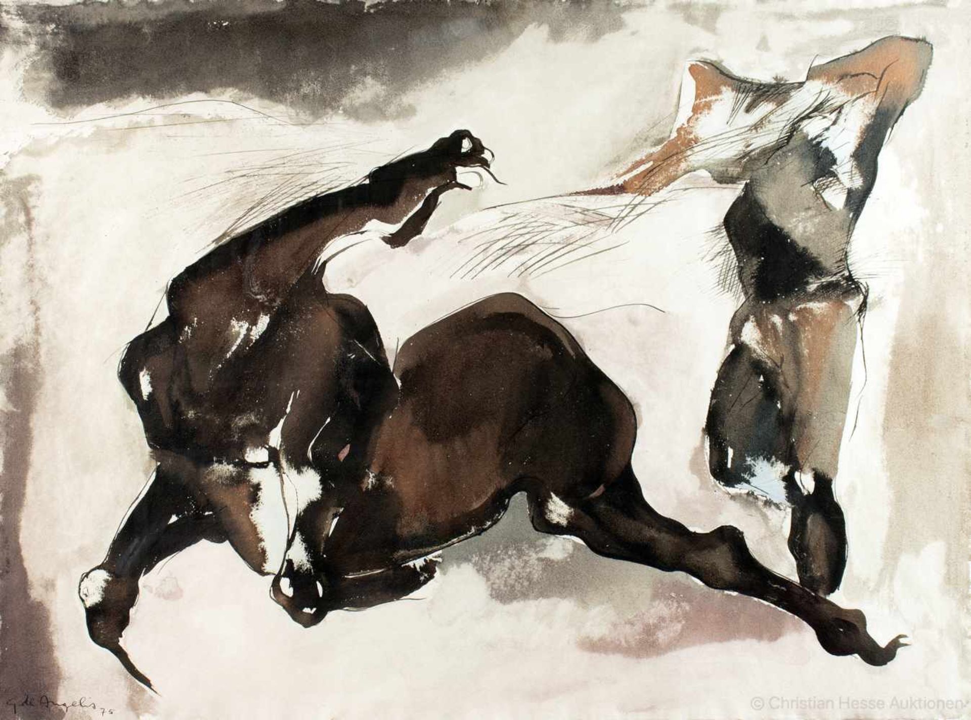 Giovanni de Angelis. Cavallo e cavaliere. Tusche und Aquarell. 1975. 56,5 : 75,5 cm. Signiert und
