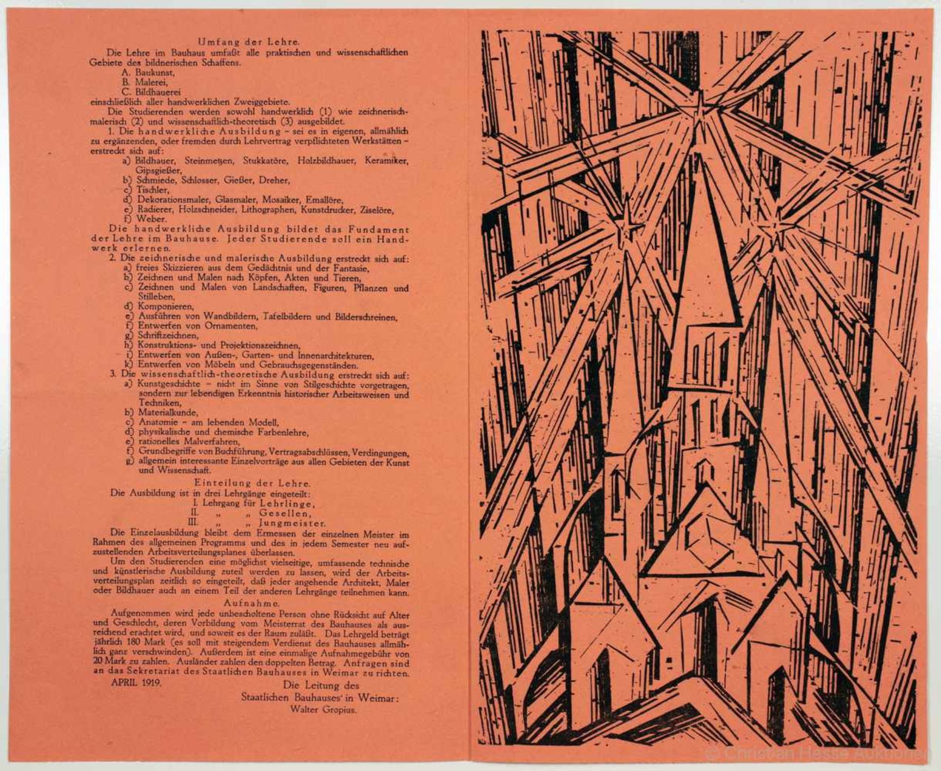 Programm des Staatlichen Bauhauses in Weimar. - Lyonel Feininger. Kathedrale. Holzschnitt. 1919. - Image 3 of 4