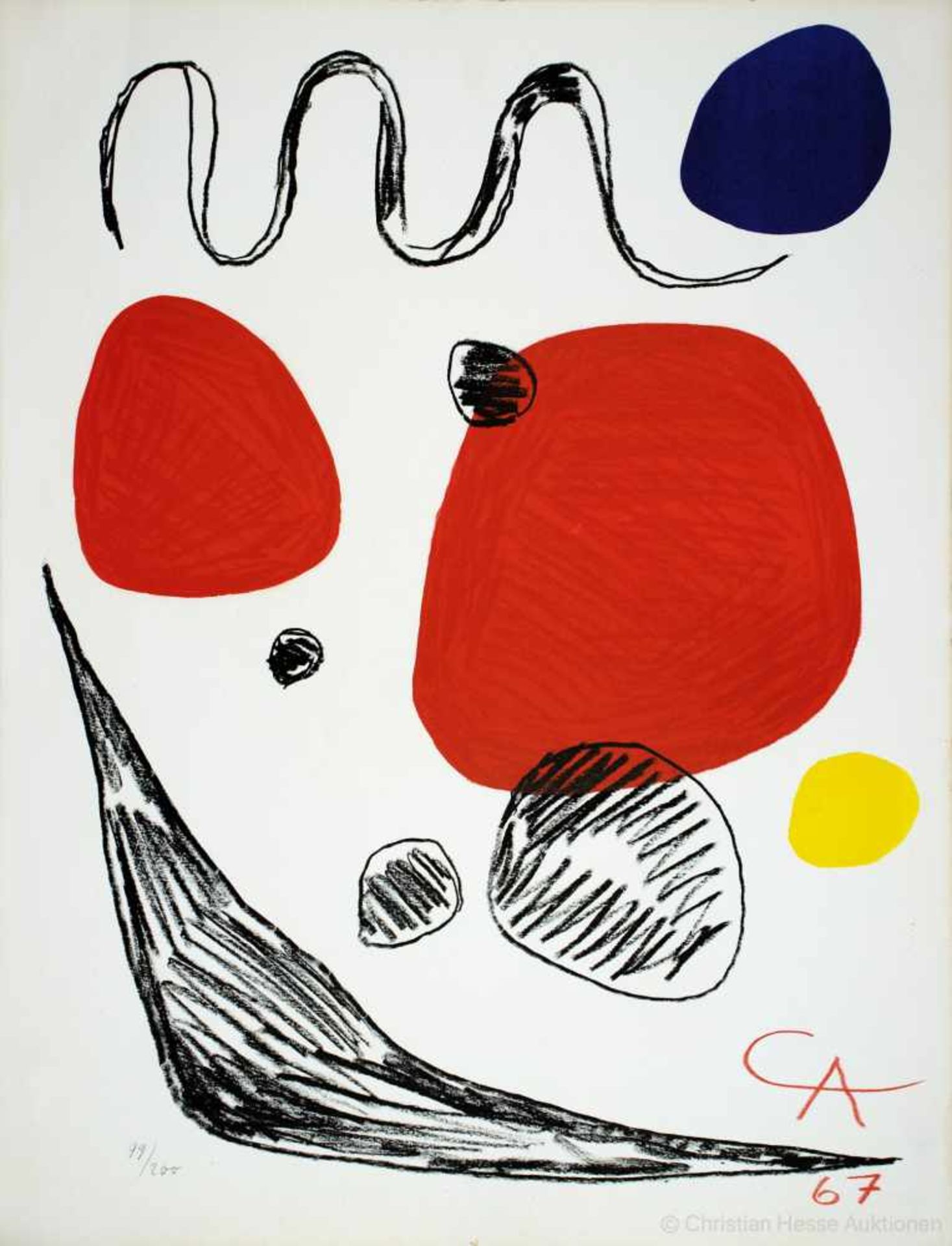 Alexander Calder. Red, Blue and Yellow Spheres. Farblithographie. 1967. 65 : 50 cm. Im Stein