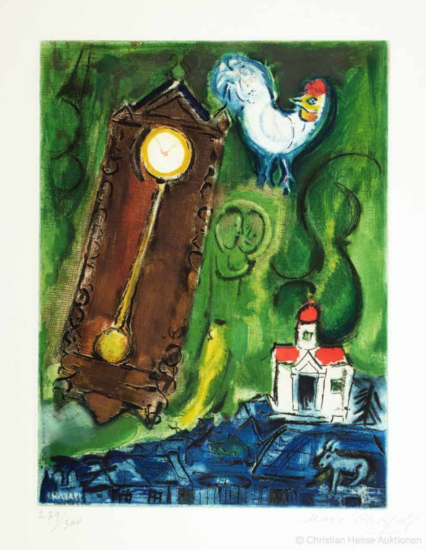 Marc Chagall. Lhorloge. Farbradierung nach einem Gemälde. 1956. 31,1 : 23,3 cm (55,9 : 38,3 cm).