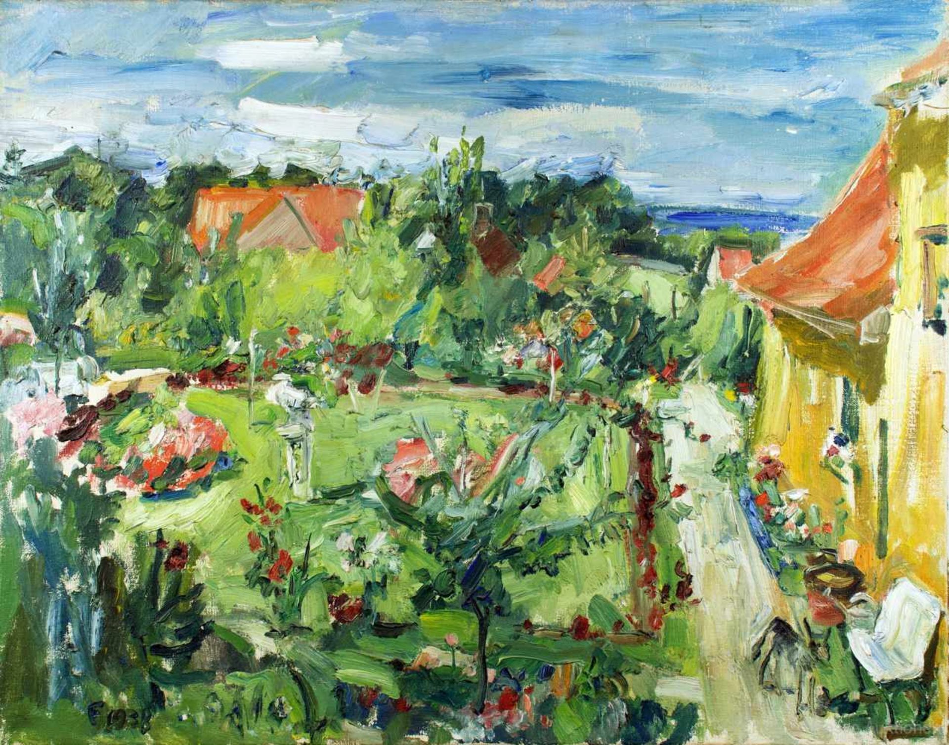 Franz Frank. Sommergarten. Öl auf Leinwand. 1938. 59,5 : 75,0 cm. Monogrammiert und datiert.