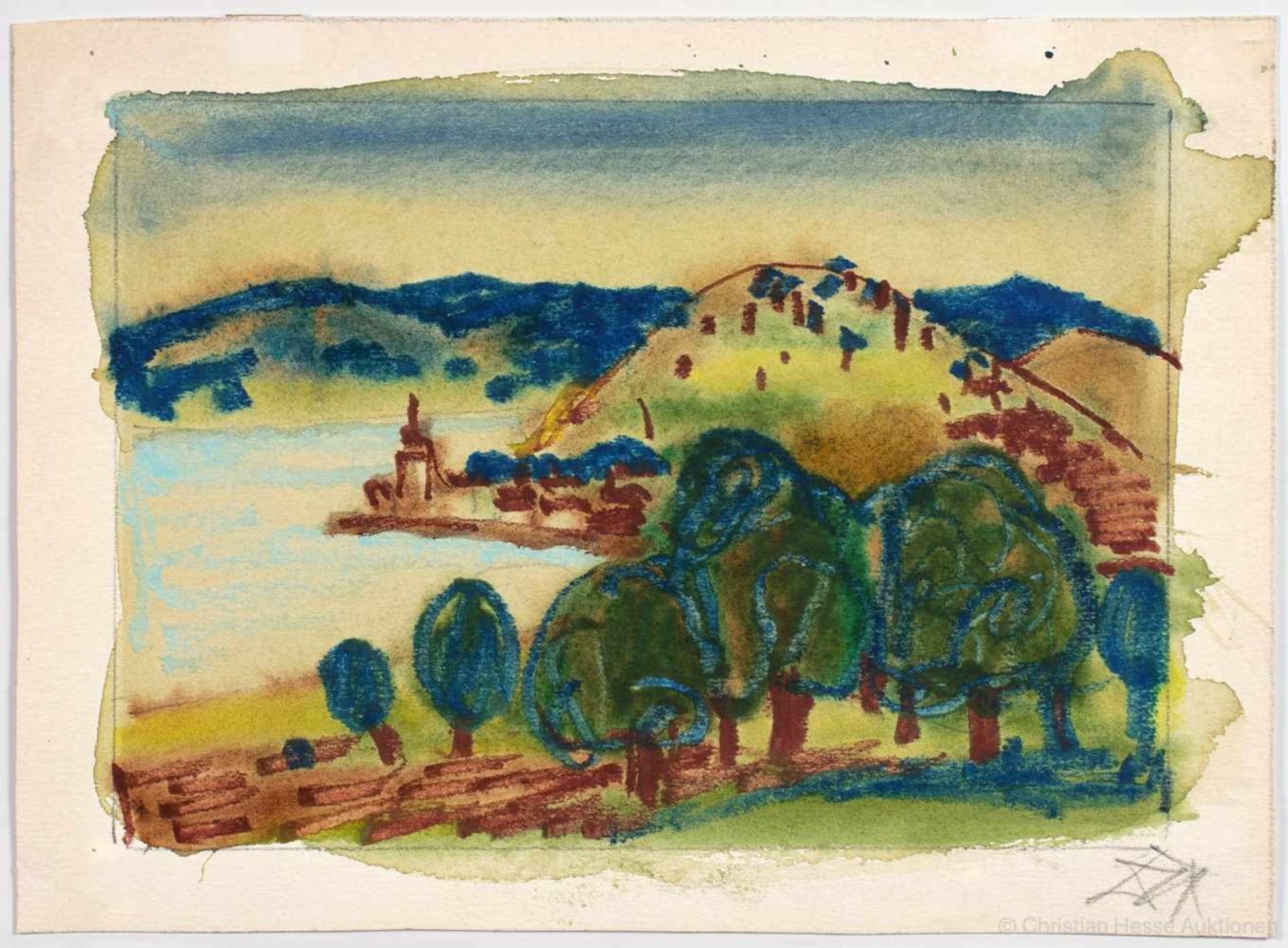 Otto Dix. Am Untersee. Aquarell über Bleistift, Fettkreide. Um 1955. 17 : 23,5 cm. Signiert. Auf