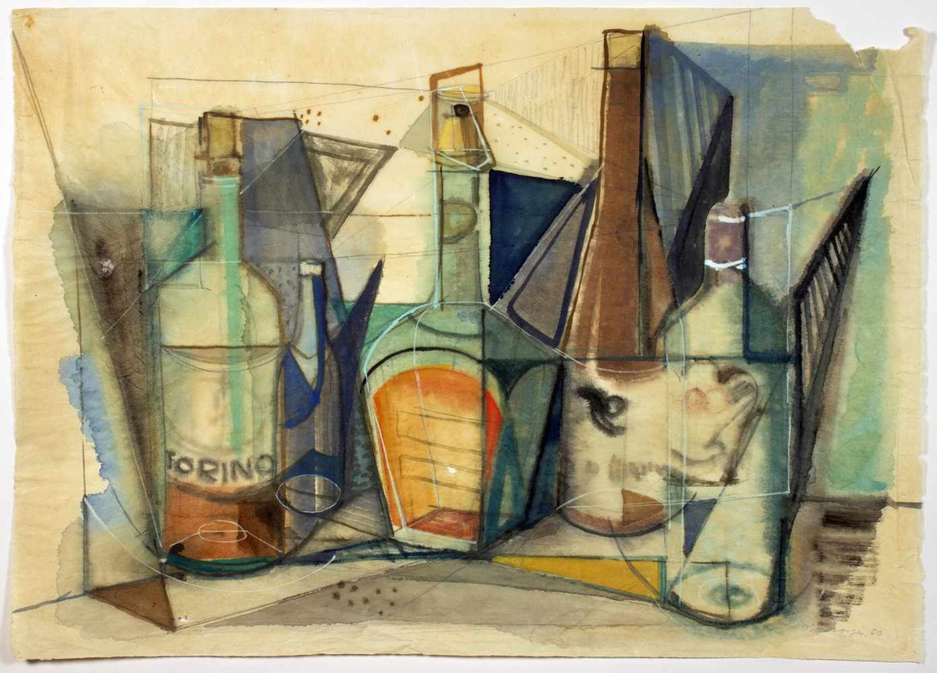 Paul Ohnsorge. Stillleben mit Glasflaschen. Aquarell über Bleistift. 1950. 44 : 62 cm. Signiert