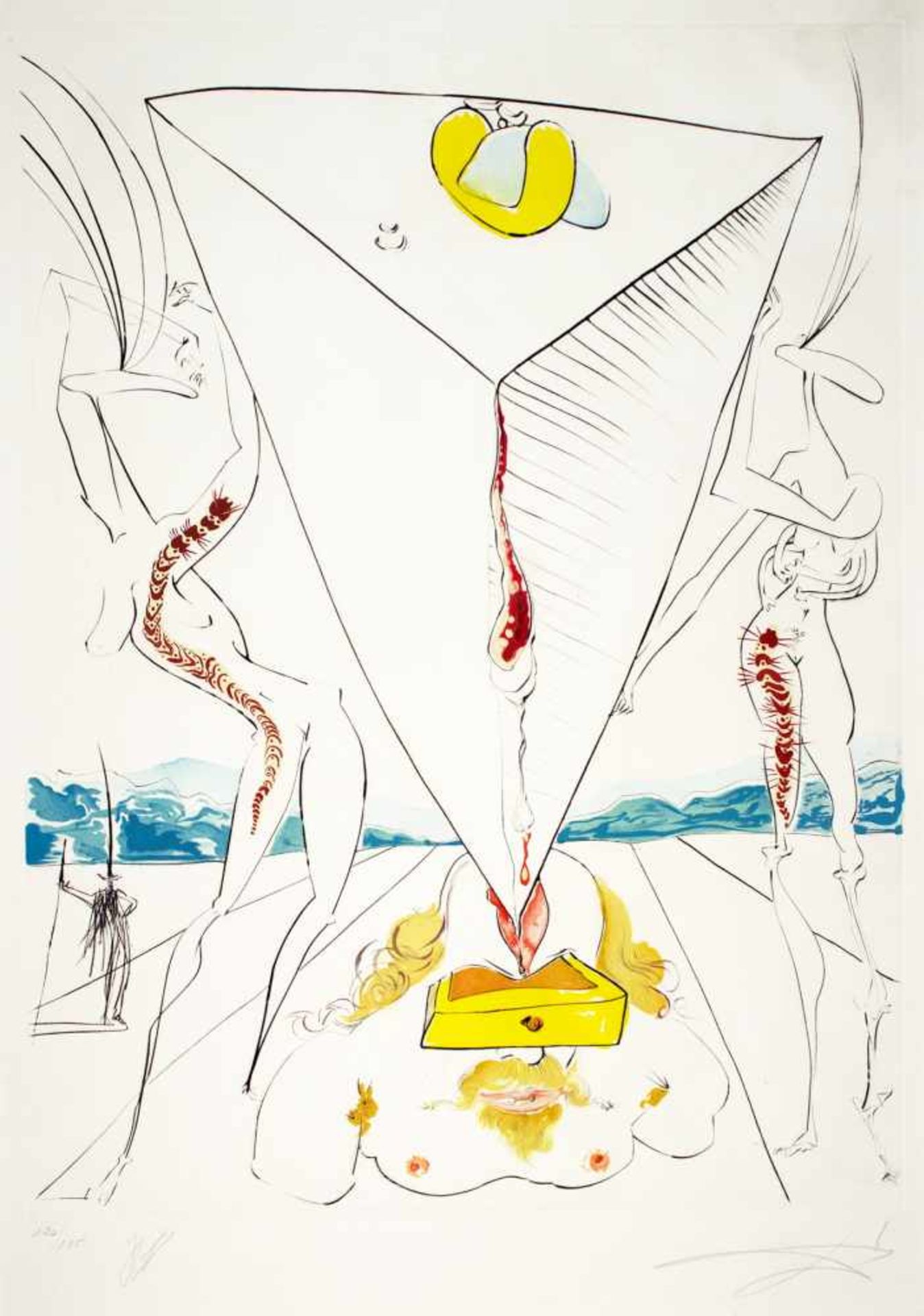 Salvador Dali. Philosophe écrasé par le cosmos. Farbige Kaltnadelradierung über Farblithographie mit