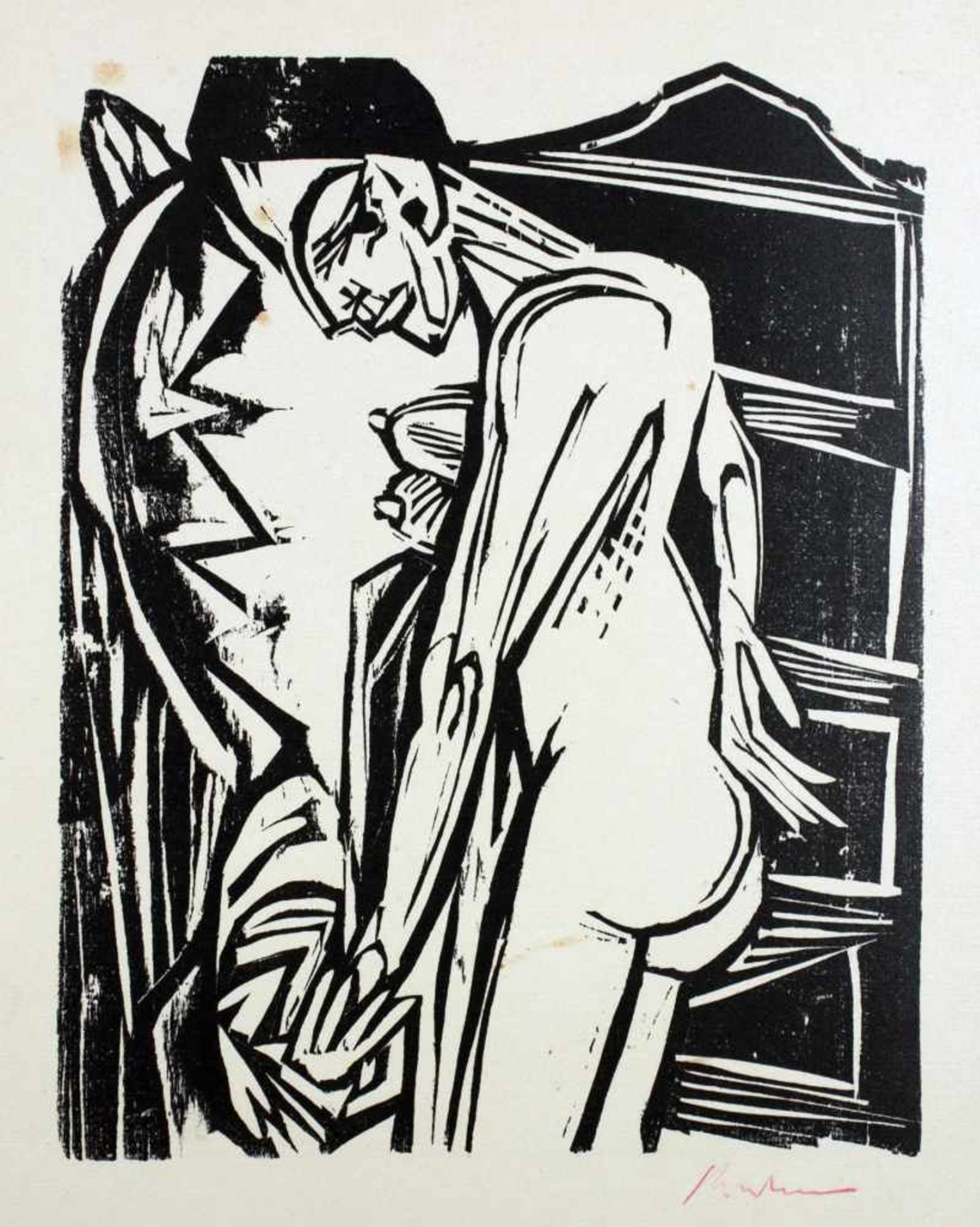 Ernst Ludwig Kirchner. Weiblicher Akt vor einem Schrank. Holzschnitt. 1916. 27 : 21 cm. Signiert. - Bild 2 aus 2