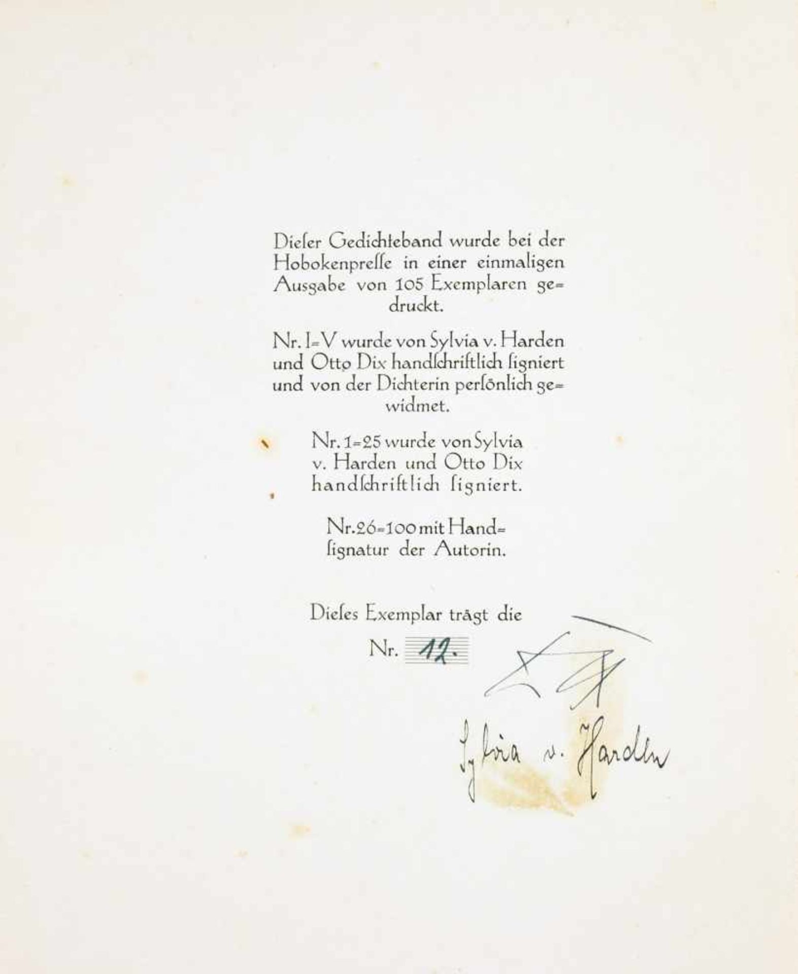 Otto Dix - Sylvia von Harden. Die italienische Gondel. Gedichte. Berlin, Hoboken-Presse [1927]. - Bild 2 aus 2