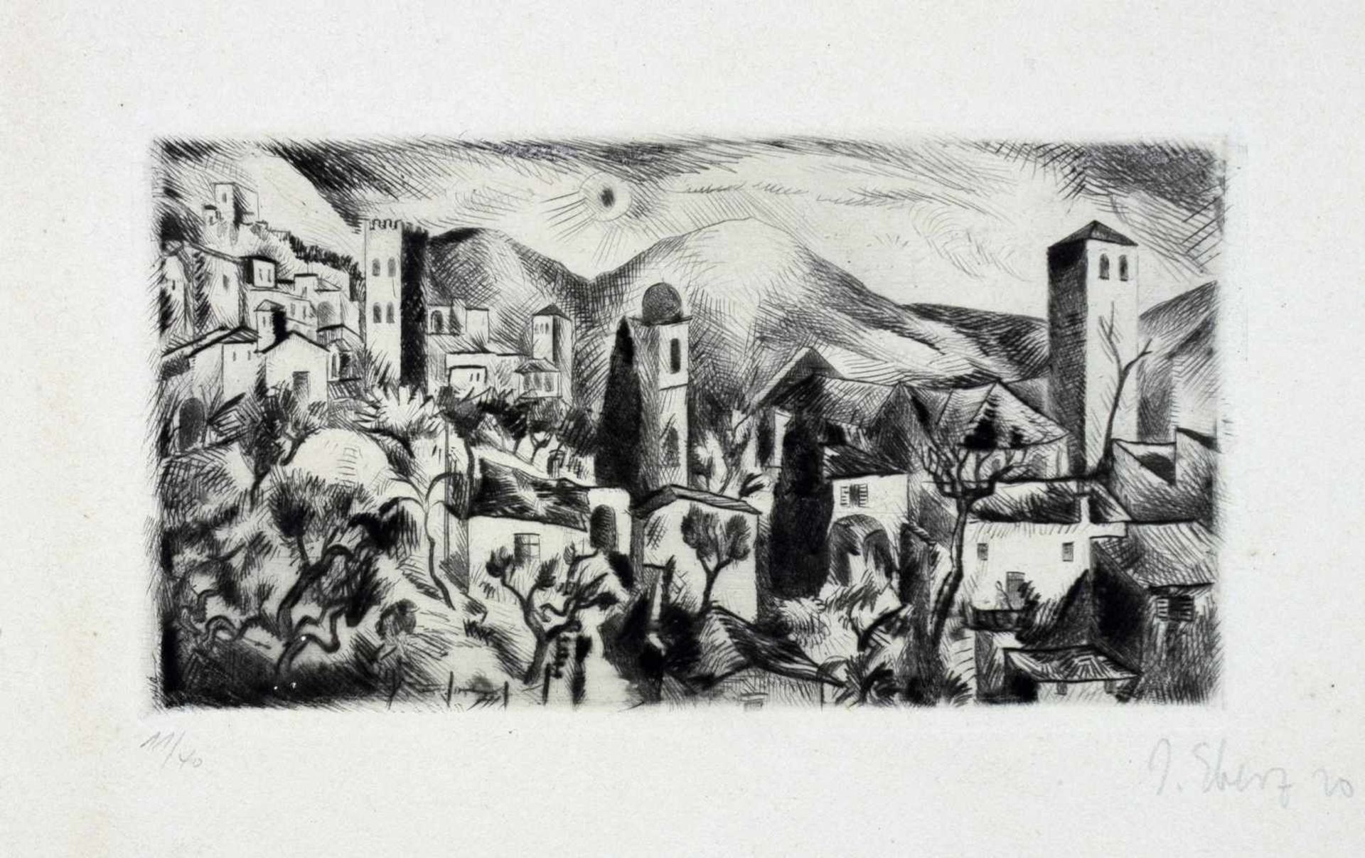 Josef Eberz. Assisi. - Assisi II. Zwei Radierungen. 1920/21. 9,8 : 17,8 cm (26,5 : 38,3 cm) bzw.