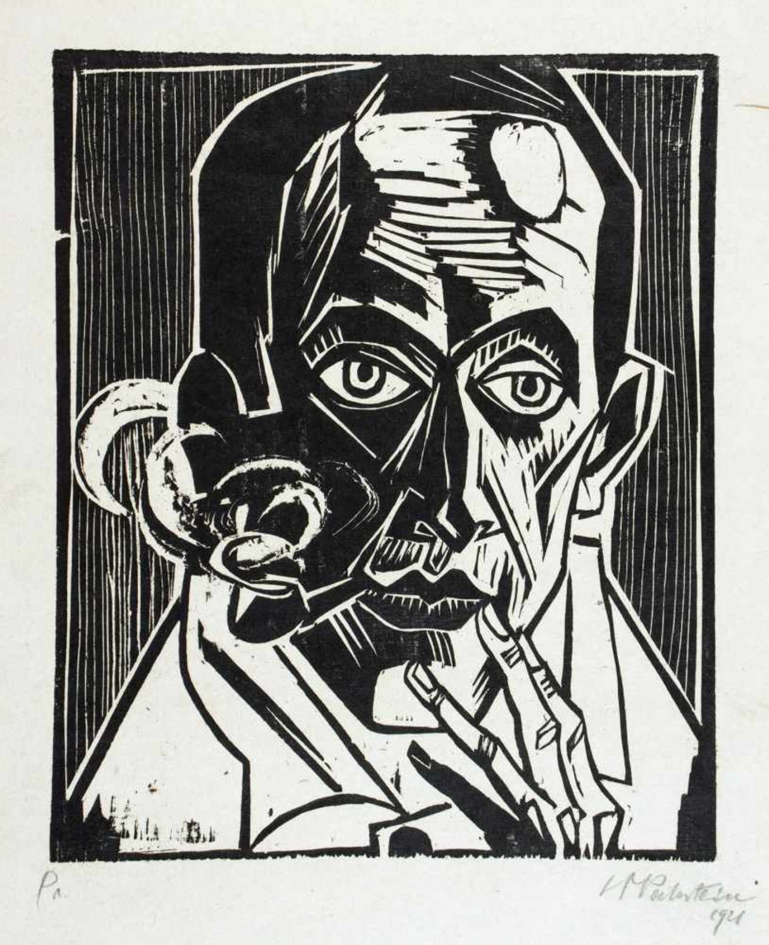 Max Pechstein. Selbstbildnis mit Pfeife. Holzschnitt. 1921. 34,1 : 28,0 cm (70,2 : 55,8 cm).