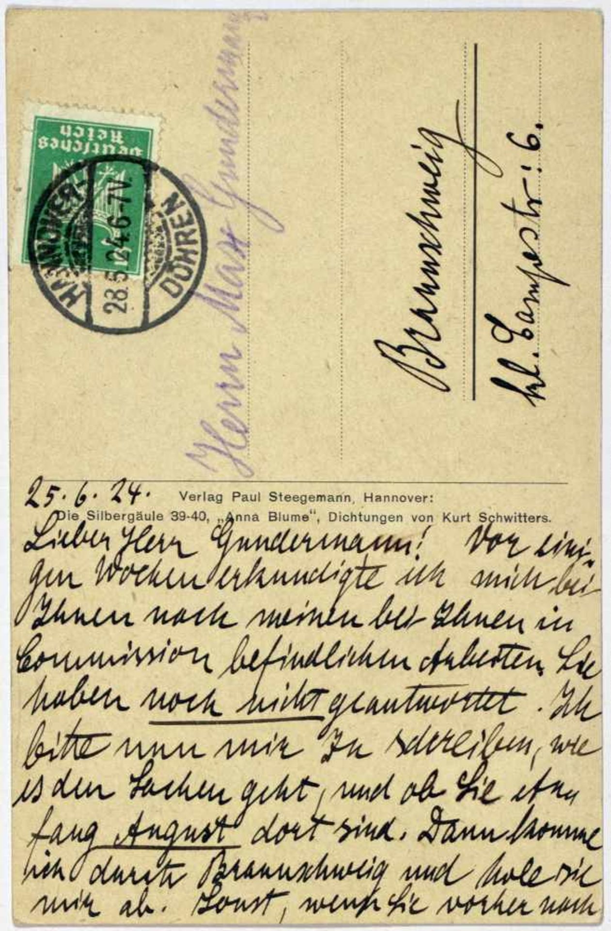 Kurt Schwitters. Eigenhändige Merzbild-Postkarte mit Unterschrift. Hannover, 25. 6. 1924. Beidseitig