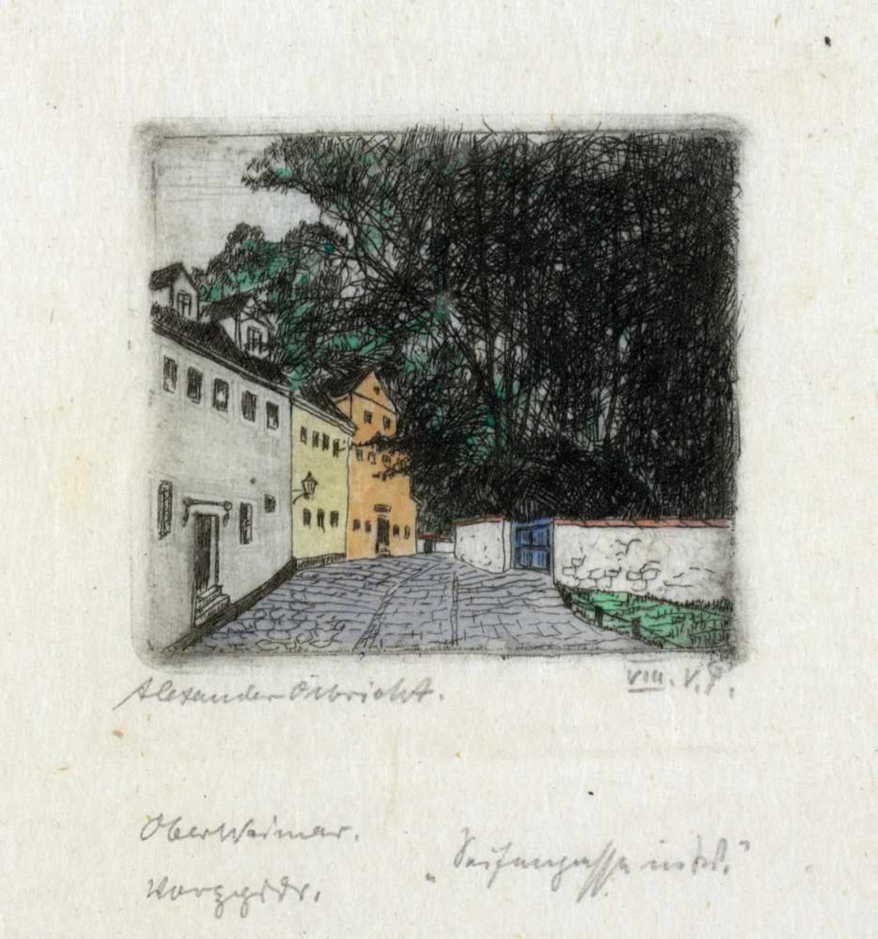 Alexander Olbricht. Ober-Weimar. Sieben kolorierte Radierungen. Um 1920. Ca. 5 : 6 bis 8 : 11 cm. - Bild 8 aus 8