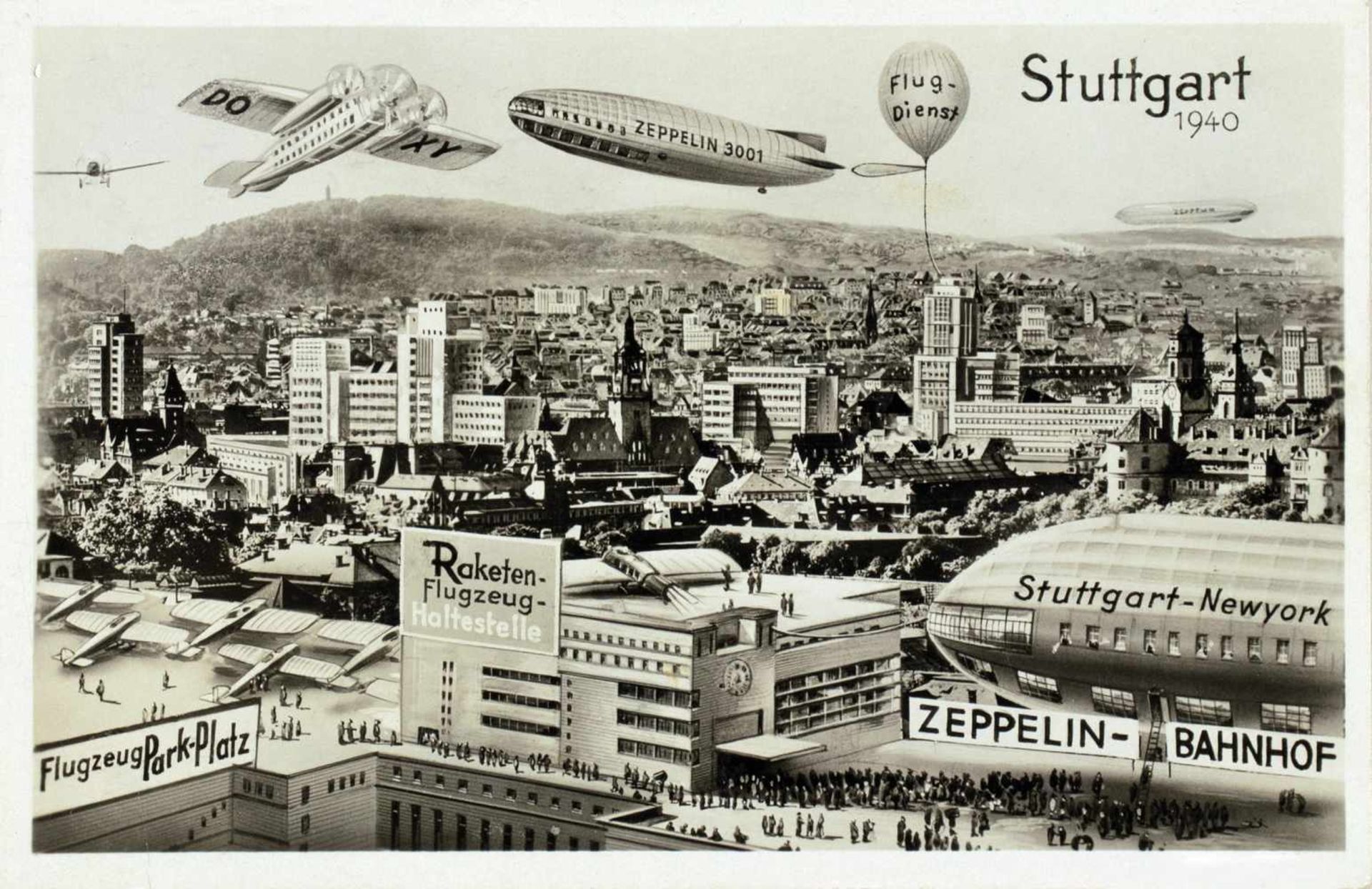 Stuttgart 1940. Fotomontage (Vintage, Silbergelatine, rückseitig mit Postkartenaufdruck). 1930. 9,
