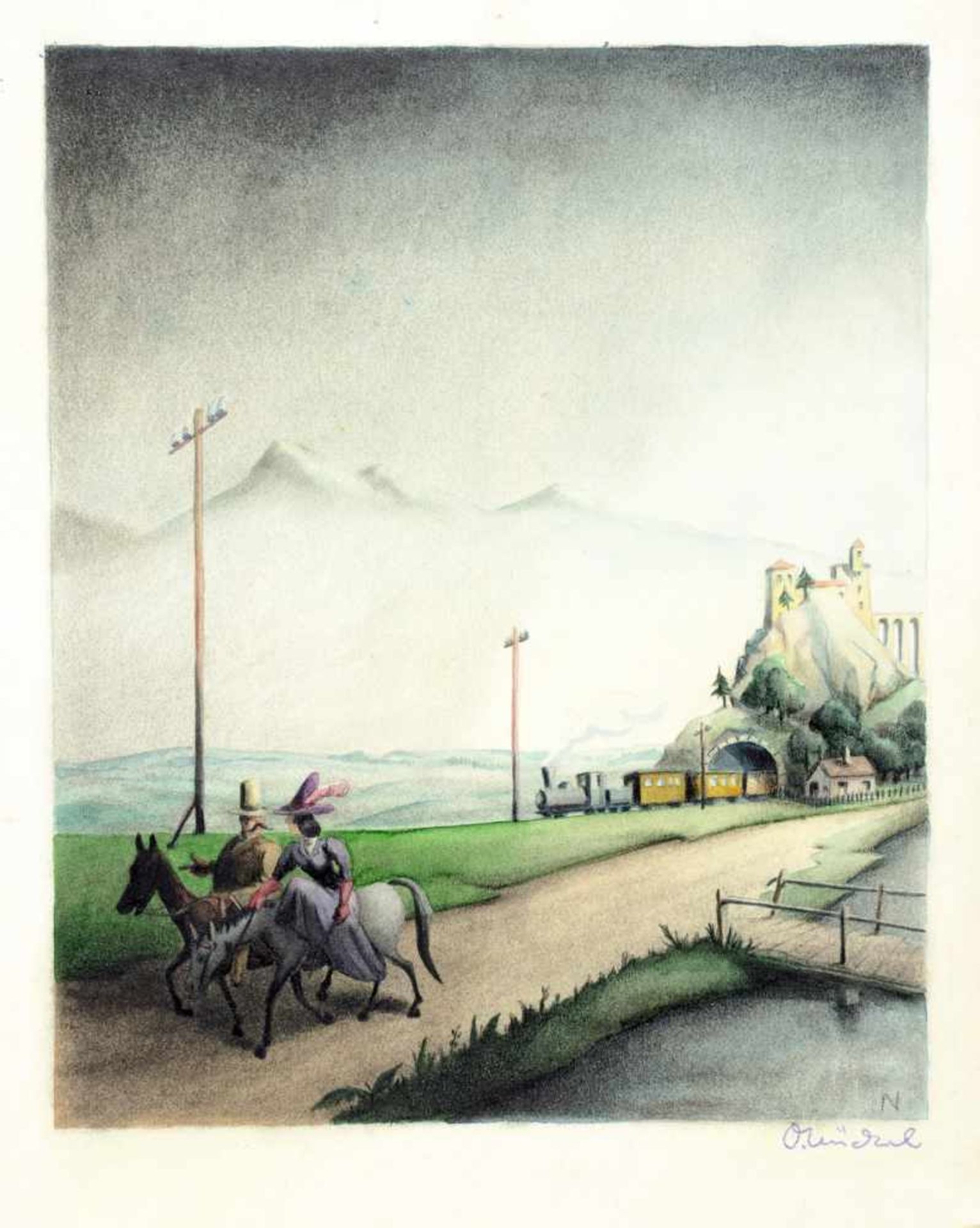 Otto Nückel. Reitendes Paar. Aquarell über Bleistift. Um 1920. 25 : 20 cm (31 : 23,6 cm).