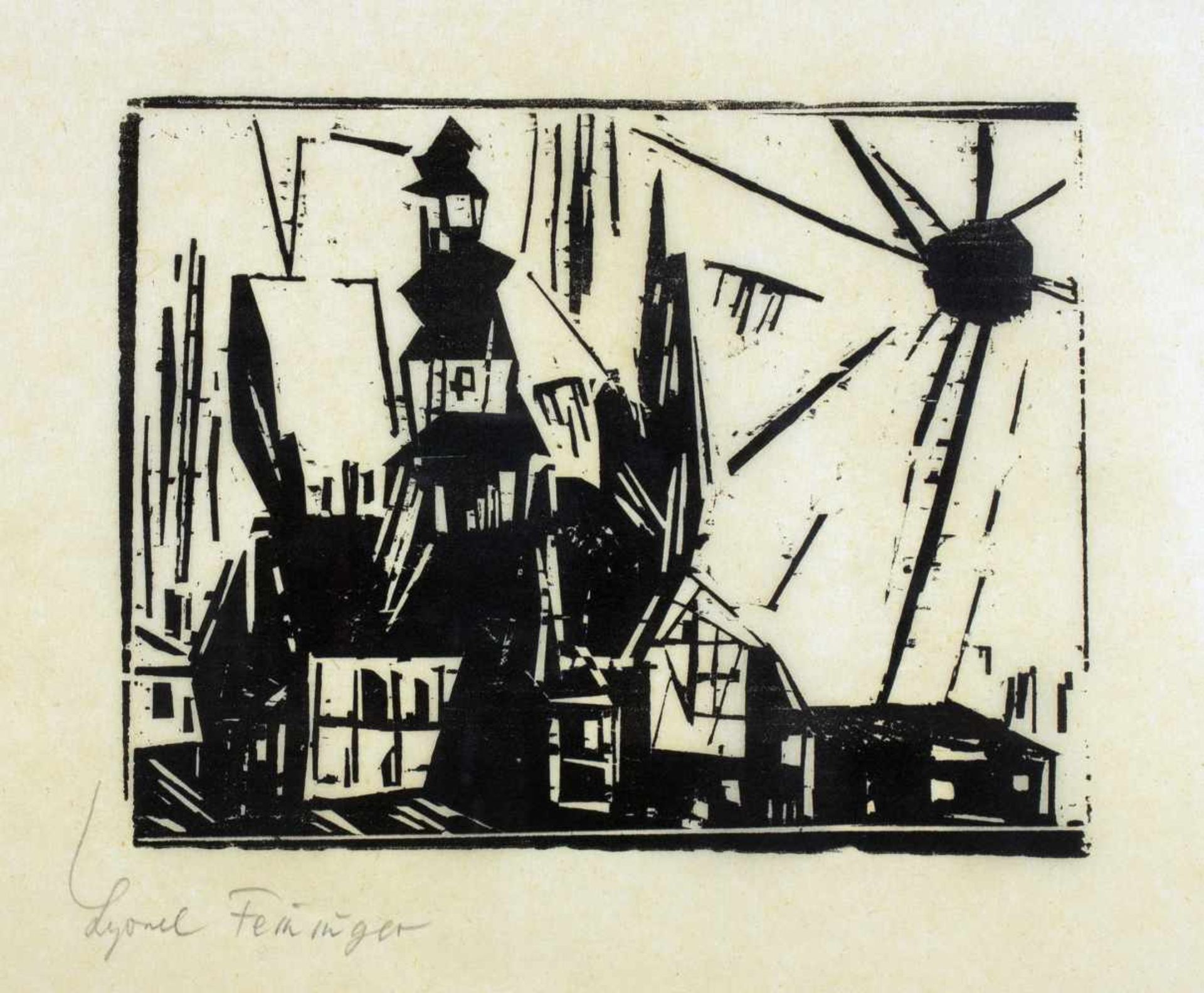 Lyonel Feininger. Troistedt (Lehnstedt · Dorf mit strahlender Sonne). Holzschnitt. 1919. 17,2 : 22,1