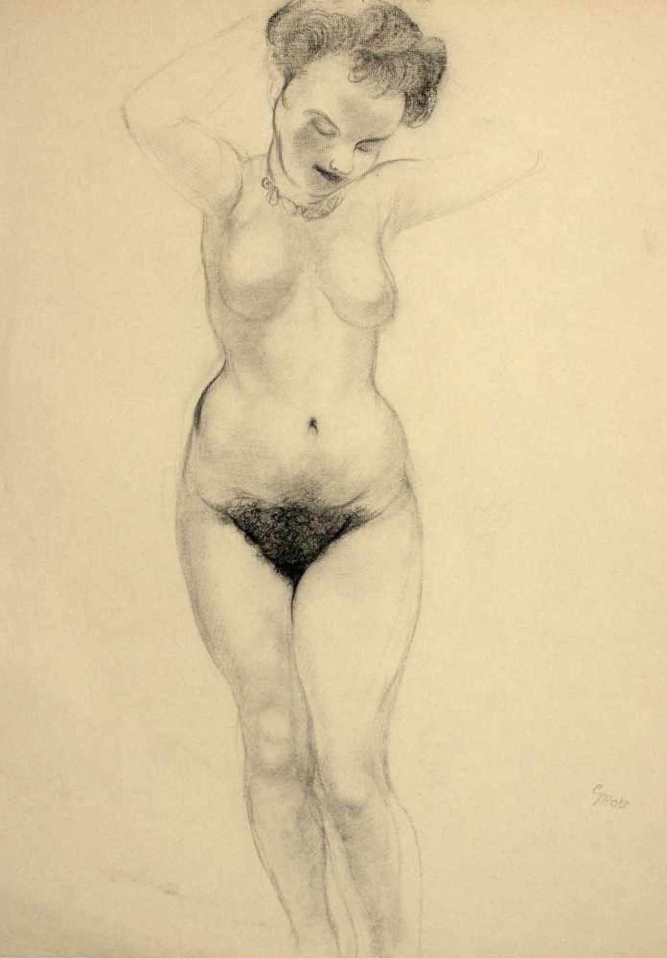 George Grosz. Stehender weiblicher Akt. Bleistift. 1943. 62,8 : 48,8 cm. Signiert. Über Grosz