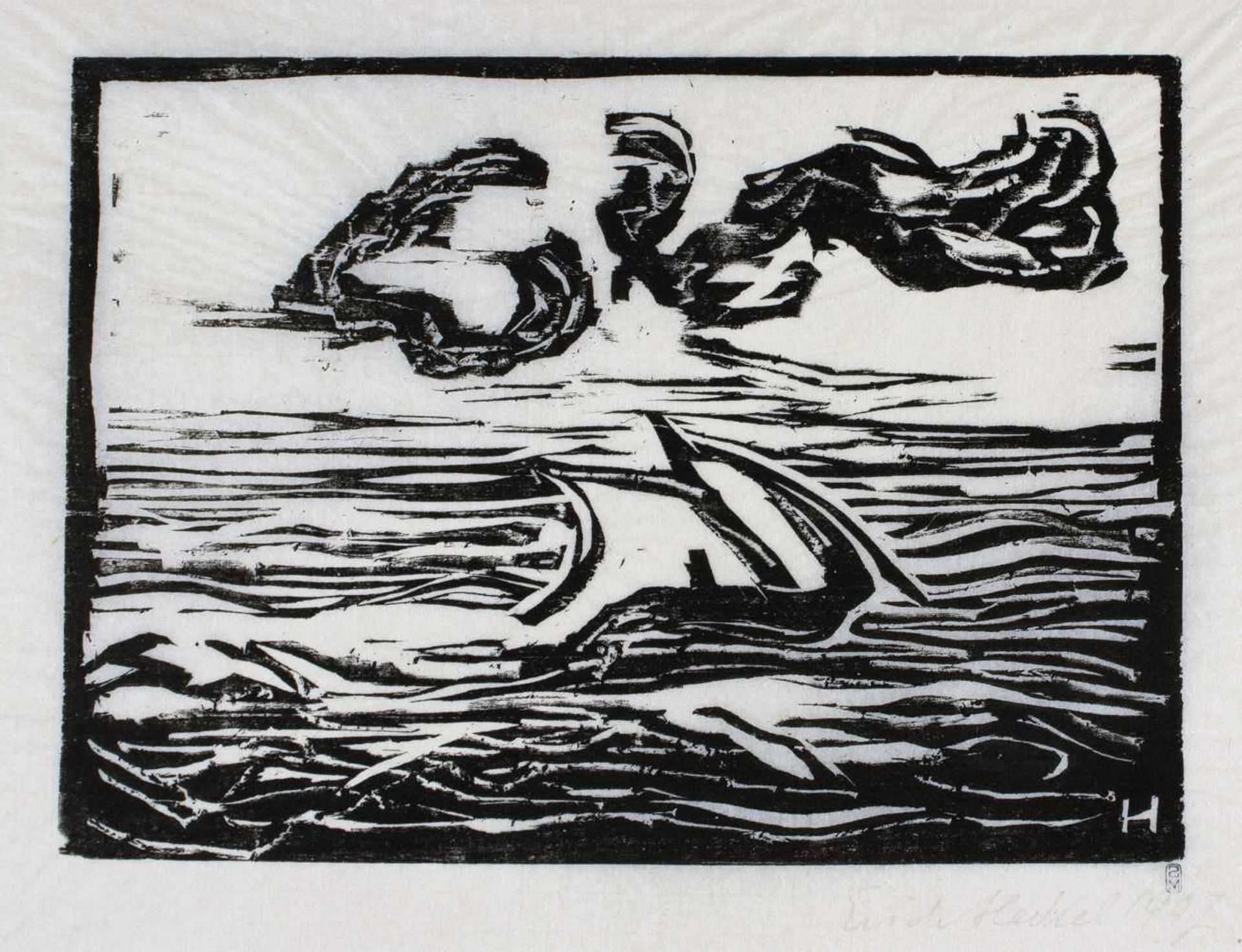 Erich Heckel. Segelboot. Holzschnitt. 1907. 15,7 : 21,8 cm (30,2 : 38,8 cm). Signiert, datiert, im