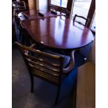 MAHOGANY DOUBLE TRIPOD TABLE WITH 2 LEAVES + 6 + 2 MAHOGANY LADDER BACK CHAIRS