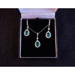 18CT WHITE GOLD COLUMBIAN EMERALD + DIAMOND PENDANT + EARRINGS SET