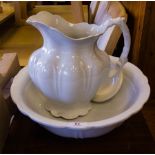 WHITE PORCELAIN JUG & BOWL + CUTLERY