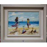 LORNA MILLAR "BOAT AT THE BEACH" OIL PAINTING ON BOARD.