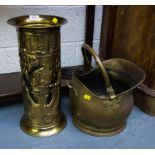 BRASS COAL SCUTTLE + BRASS STICK STAND