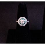 18CT WHITE GOLD ART DECO EMERALD + DIAMOND RING