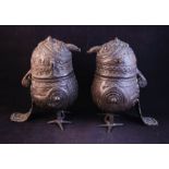 PAIR OF BRONZE OWL URNS