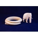 EARLY 19TH CENTURY MINIATURE CARVED ELEPHANT + 19TH CENTURY CARVED IVORY BANGLE