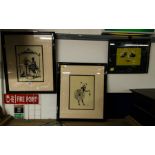 2 FRAMED SILHOUETTE + PAIR OF FIGHTING COCKERELS IN FRAME