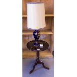MAHOGANY WINE TABLE WITH GLASS TOP + BLUE LAMP