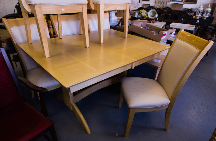 POLISHED BEECH DINING TABLE + 6 CHAIRS