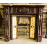 CARVED FIRE SURROUND WITH METAL AND TILE INSERT