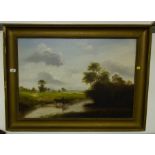 OIL ON BOARD COUNTRY SCENE 22" X 32" SIGNED MJ