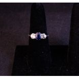 18CT WHITE FOLD SAPPHIRE + DIAMOND 3 STONE RING