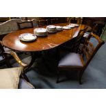 MAHOGANY DOUBLE TRIPOD TABLE WITH 2 LEAVES + 6 + 2 MAHOGANY LADDER BACK CHAIRS