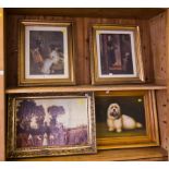 PAIR OF PRINTS IN GILT FRAMES + DOG + COUNTRY SCENE