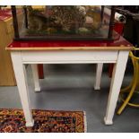 2 RED TOP PAINTED LEG TABLES - 34X28,