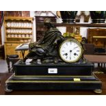 19TH CENTURY FRENCH BRONZE + GILT MANTLE CLOCK ON POLISHED LIMESTONE BASE - AF