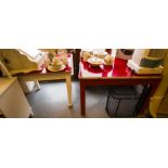 2 RED TOP PAINTED LEG TABLES - 34X28,