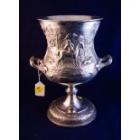 HEAVY CHASED SILVER 2 HANDLED TROPHY CUP EMBOSSED WITH HUNTING DETAIL - 10" HIGH ,