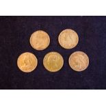 5 VICTORIAN GOLD HALF SOVEREIGNS, DATES 1853, 1878, 1897, 1898,