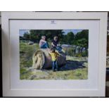 ACRYLIC ON BOARD "PLAYING ON HAY BALE" CAROLINE BROWNE - 30X40