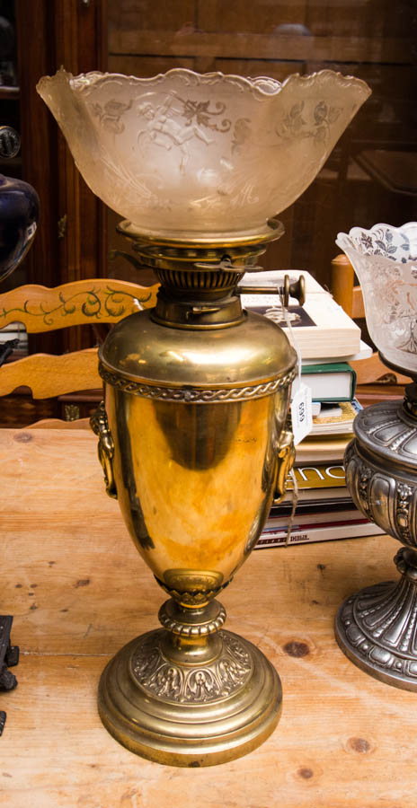 BRASS BASE OIL LAMP WITH SHADE